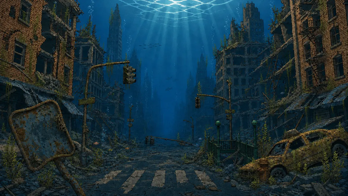 A drowned city street, the world Clevy Poker is set in