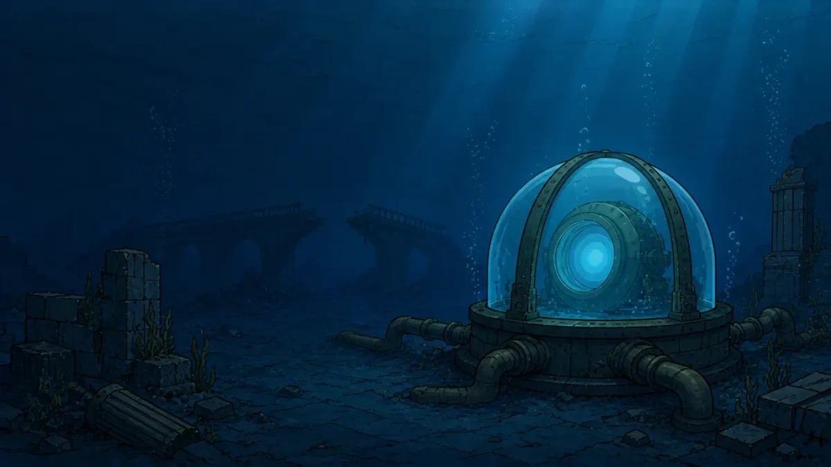 A lit dome on the sea floor, deep water all around
