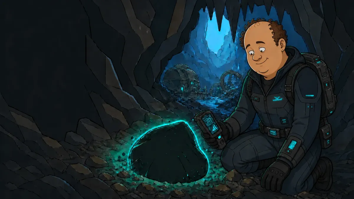A diver finding a glowing vein of Clevium in a cave
