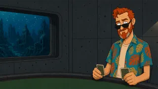 A Clevy Poker table with a window on the ruins outside